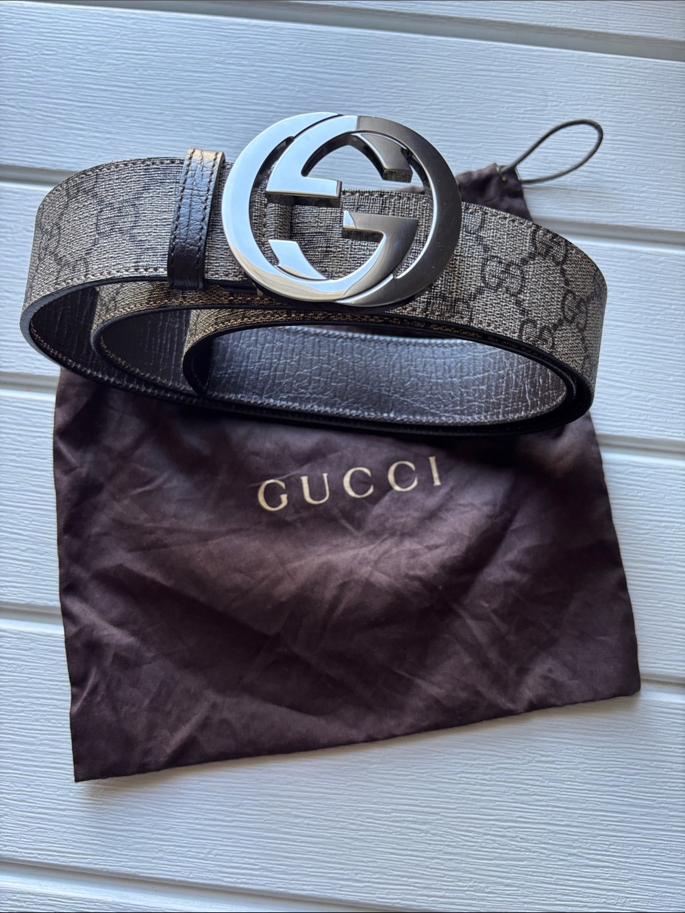 Gucci Brown/Beige GG Canvas Belt with Silver Double G Buckle